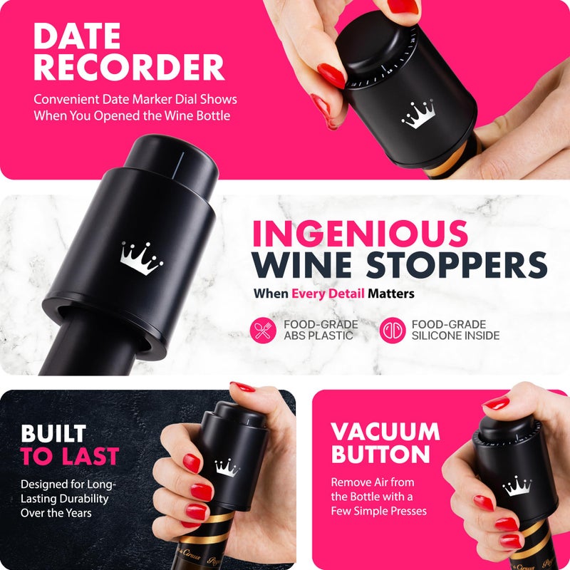 VINABON Vacuum Wine Stopper Set [Pack of 2] - Updated 2026 Preserves Freshness and Flavor for 15 Days. Improved One Pump Button Design, 100% Leak Proof Seal in Any Position. Includes WineGuide eBook - Image 4